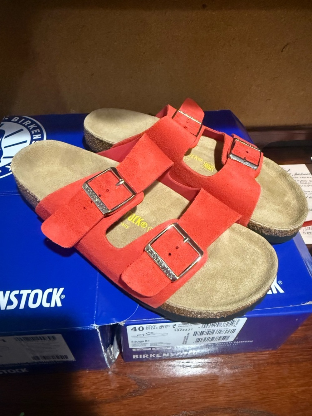 Birkenstock womens Red Suede Two-Buckle Sandals